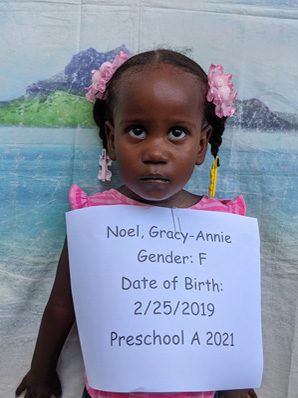 A little girl holding up a sign that says noel gracie anne gender f date of birth preschool 2020.